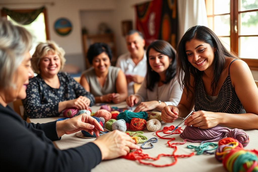 Grupo de mulheres em oficina de crochê com linhas coloridas
