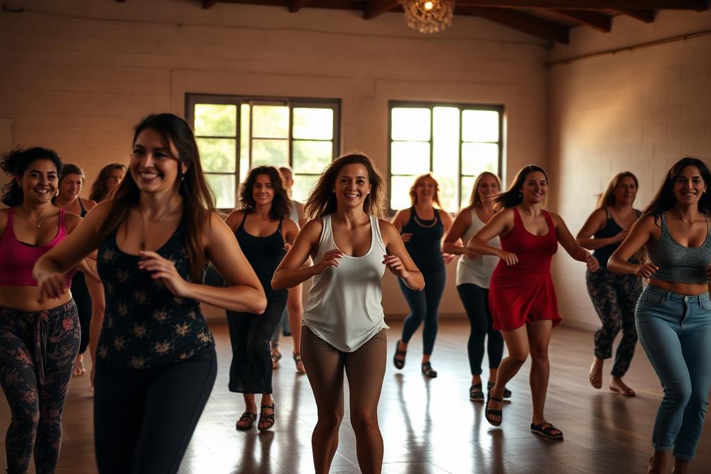 Mulheres dançando juntas em uma aula de dança