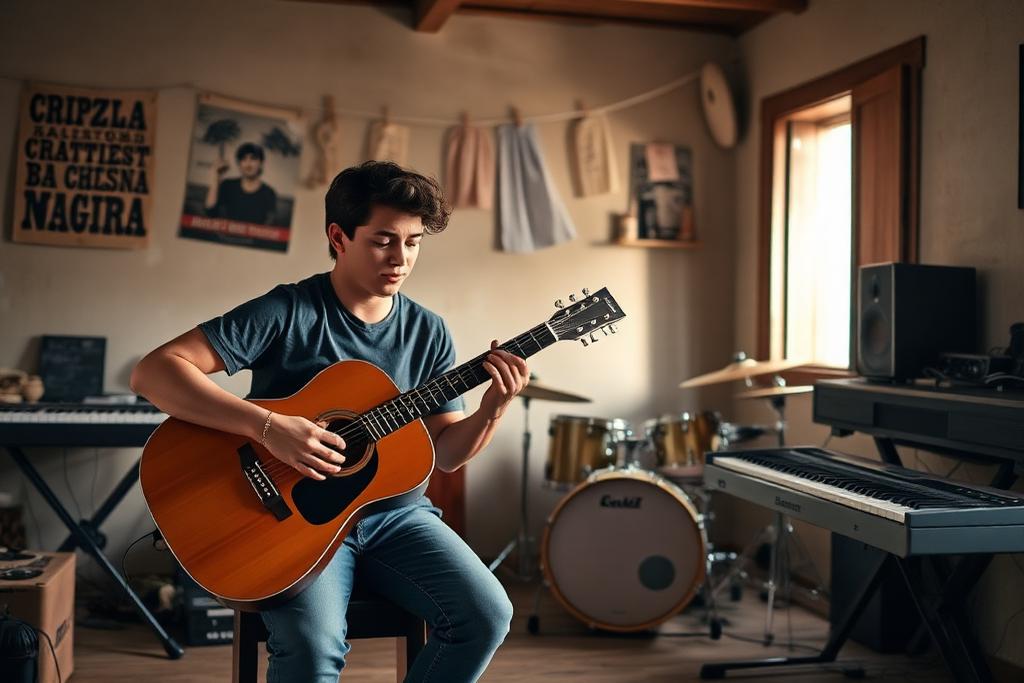 Jovem tocando violão em sala com teclado e bateria ao fundo