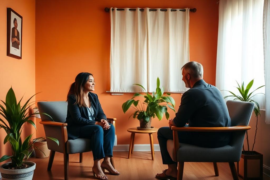 Sala acolhedora de atendimento psicológico com duas poltronas