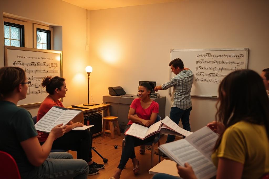 Turma de teoria musical com partituras e professor no quadro